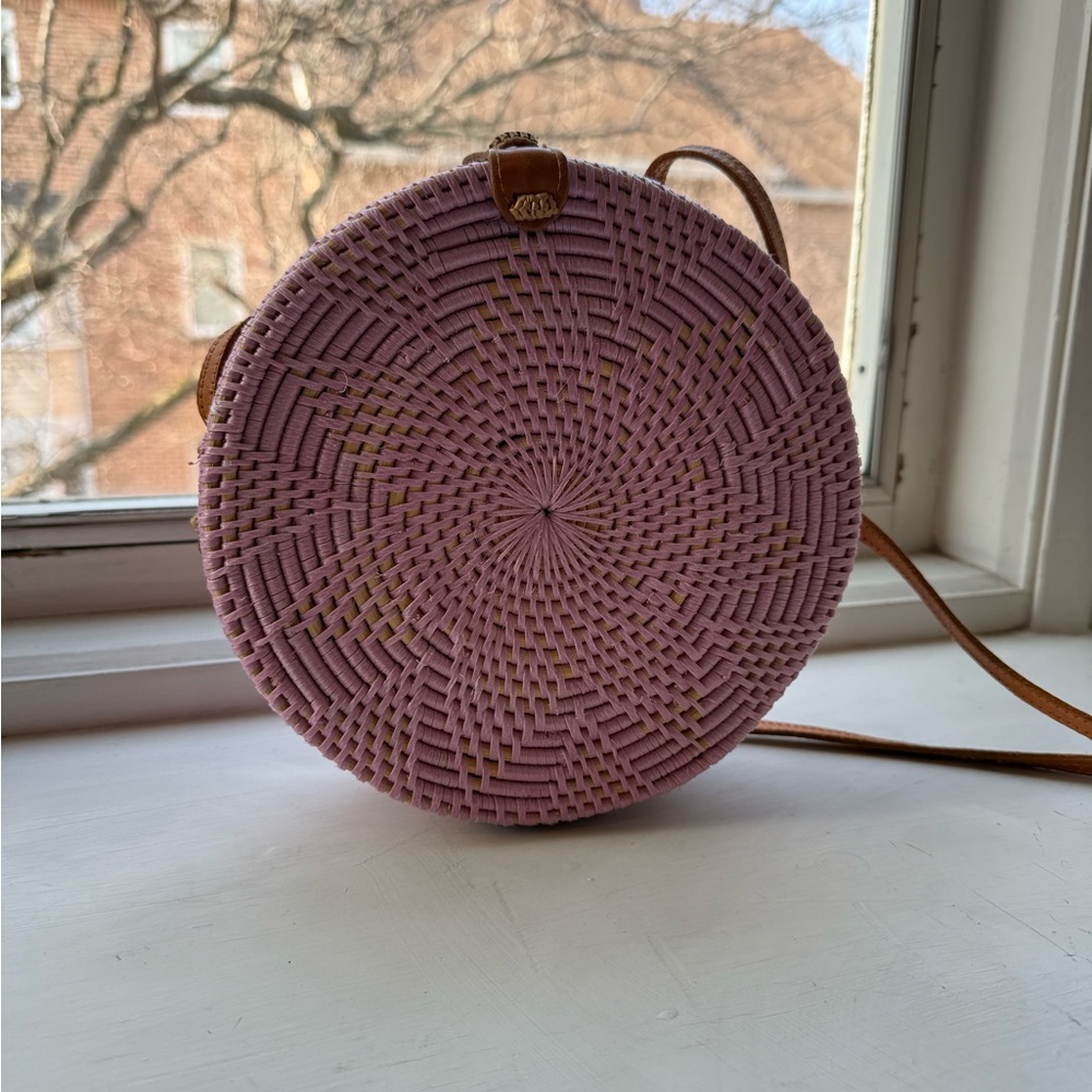 Pink Woven Round Crossbody Bag